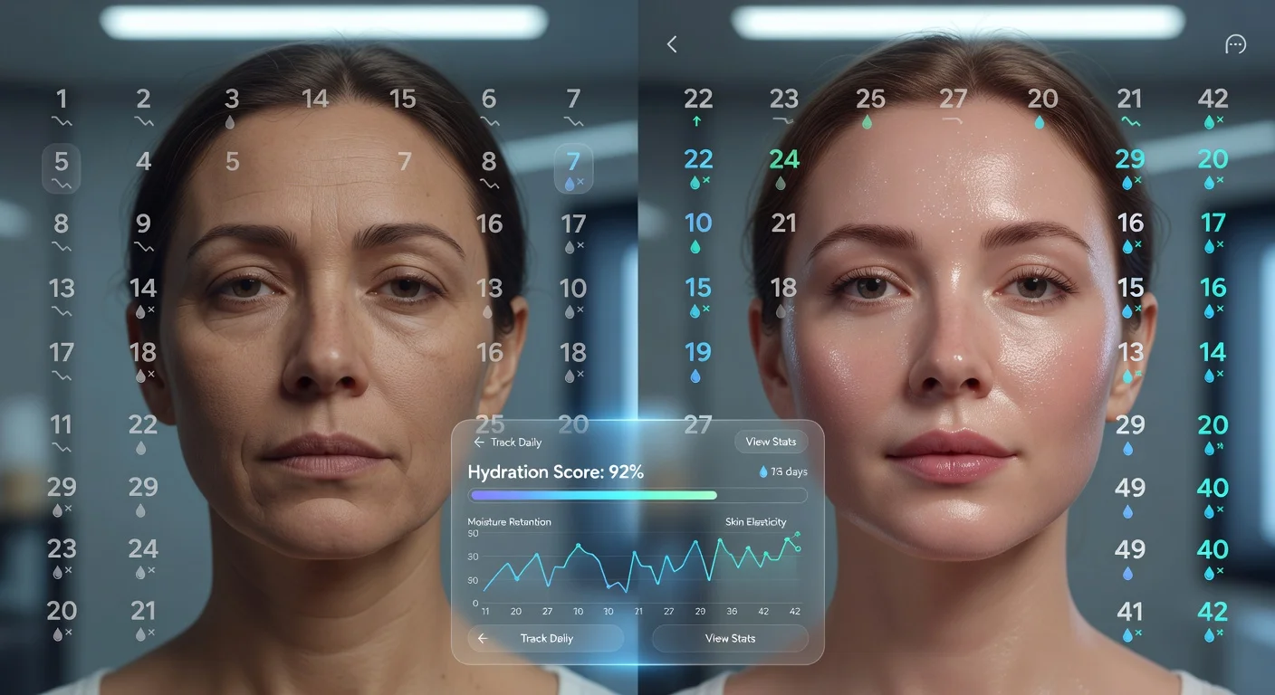Split screen of a woman tracking her facial aesthetics on a mobile app over 6 weeks