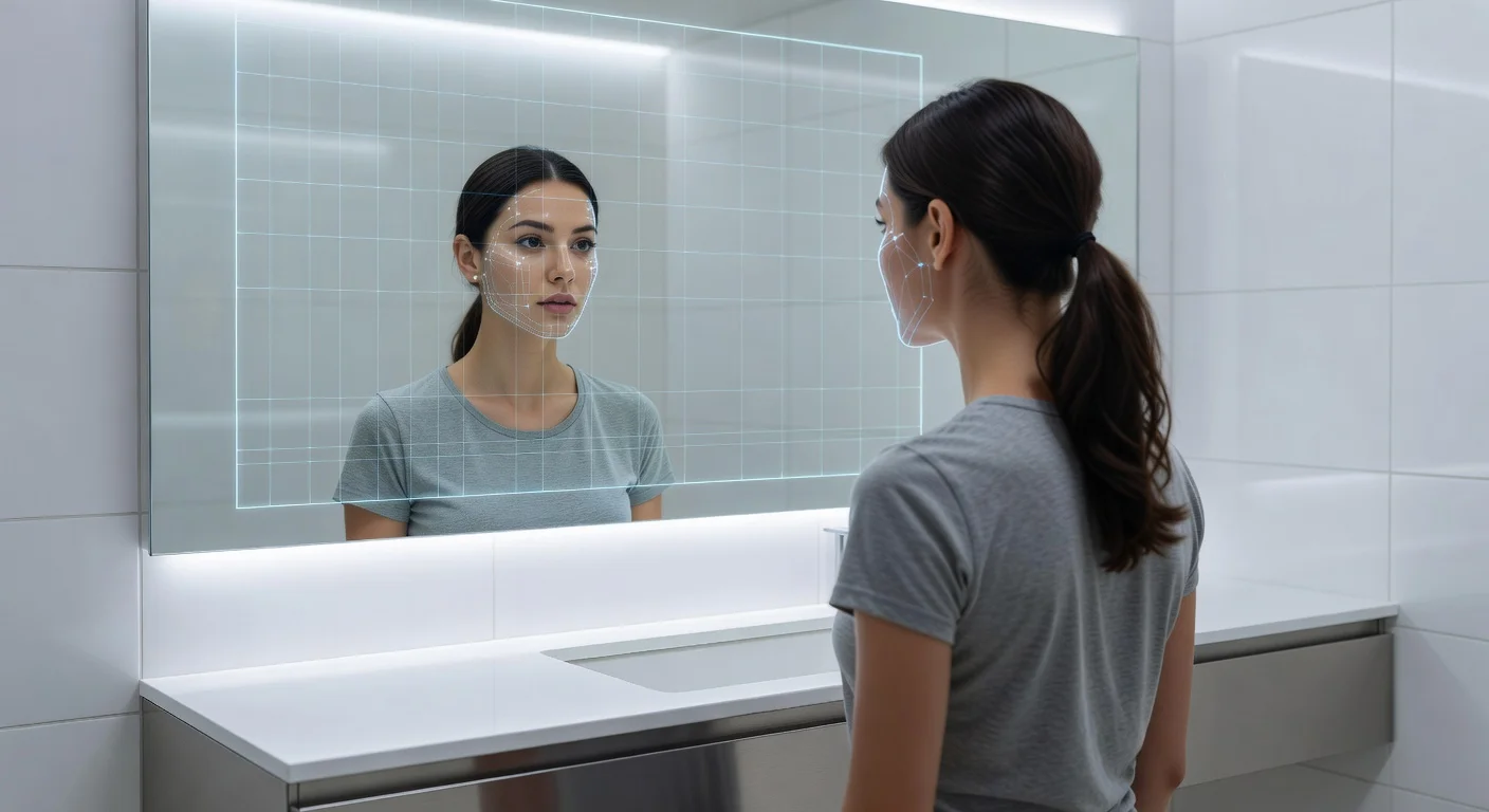 A split screen showing a clear skin transformation with an AI facial attractiveness scanning overlay.