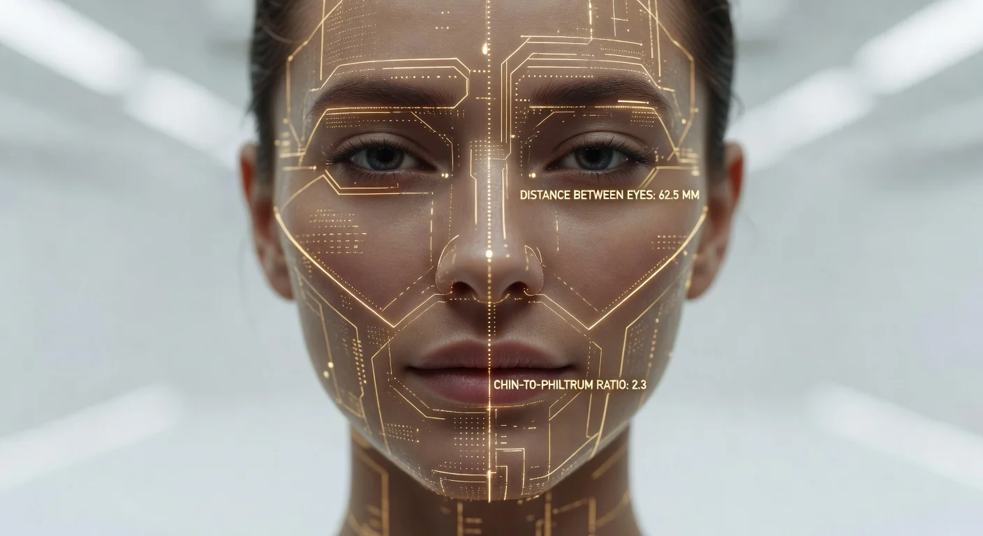 A side-by-side comparison of a raw selfie and an AI-analyzed face map showing symmetry lines and golden ratio overlays.