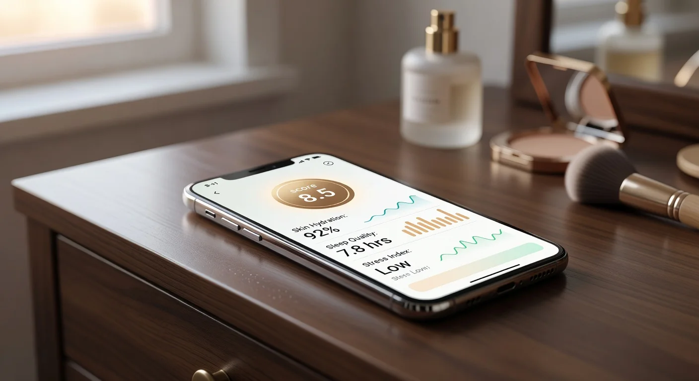 A smartphone showing an AI beauty analysis and personalized report on a vanity desk