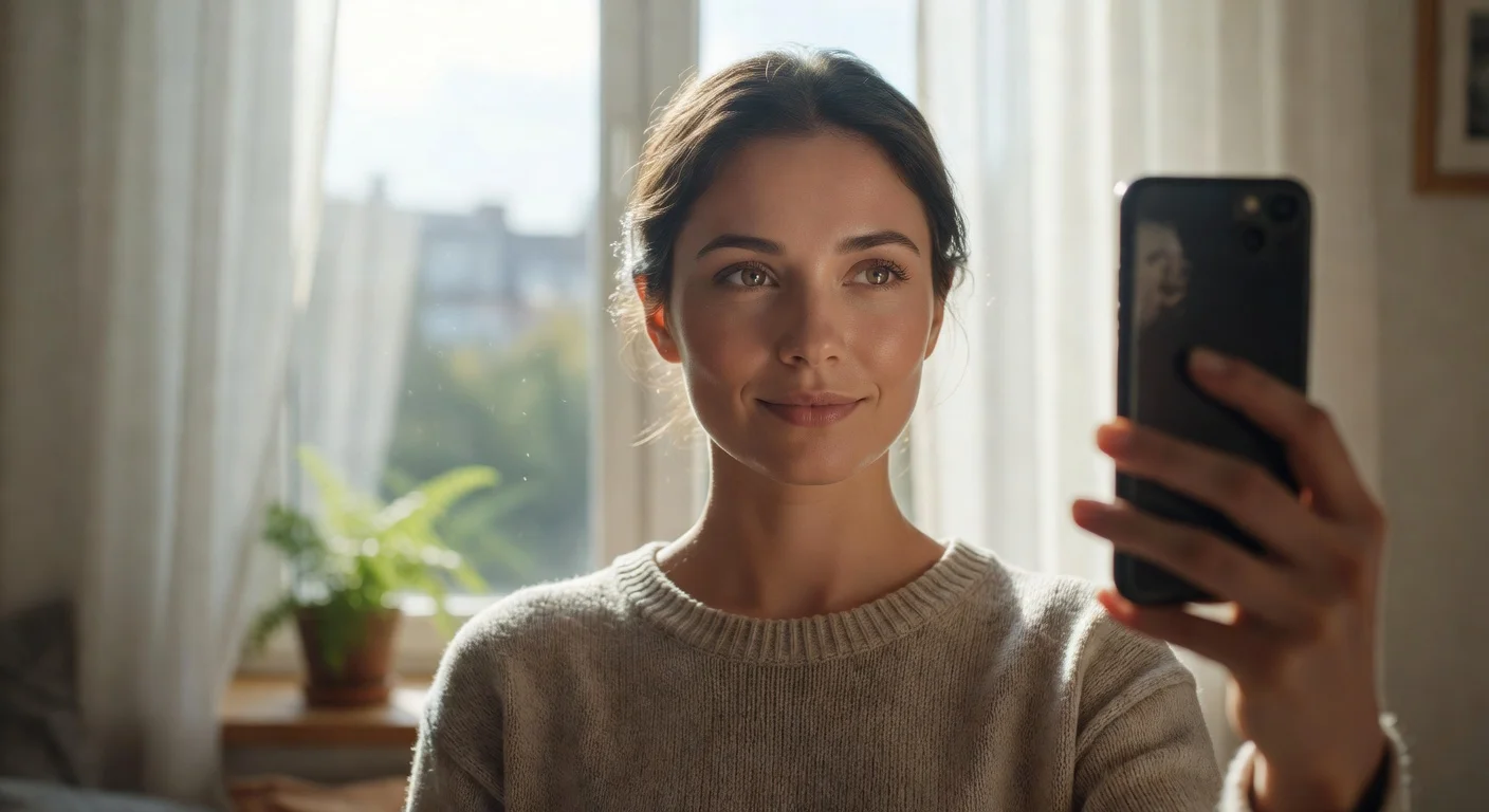 A woman taking a perfectly lit selfie in front of a window for an AI attractiveness scan