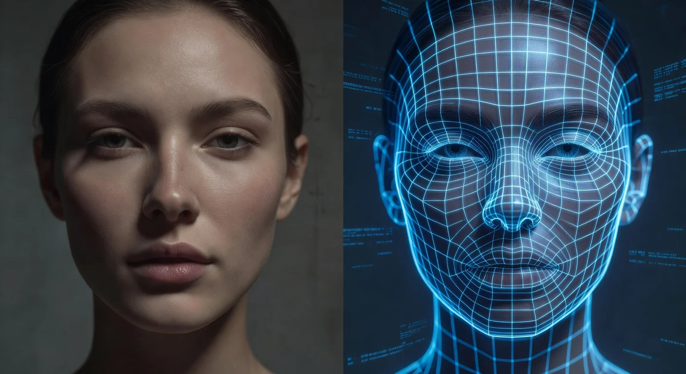 A digital grid mapping a human face to calculate an AI attractiveness score