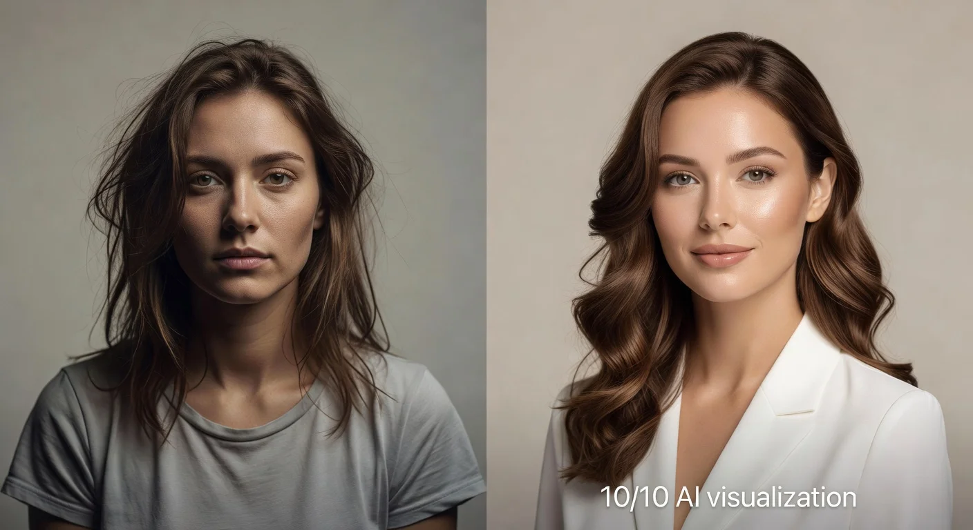 A before and after AI image generation showing a woman's full glow up potential.