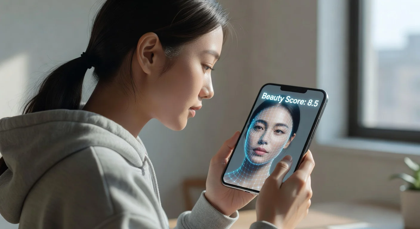 A woman taking a selfie on her smartphone with augmented reality facial grid lines overlaying her face