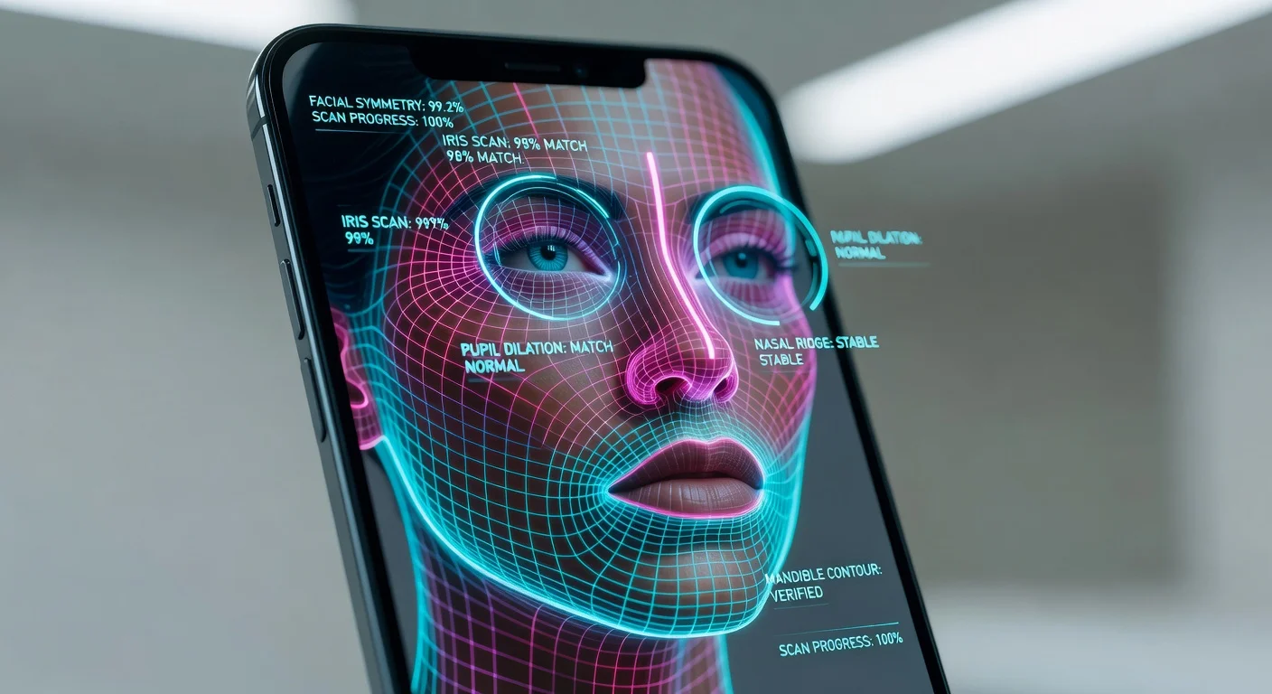 A smartphone screen displaying a facial symmetry analysis with geometric lines overlaid on a woman's face.