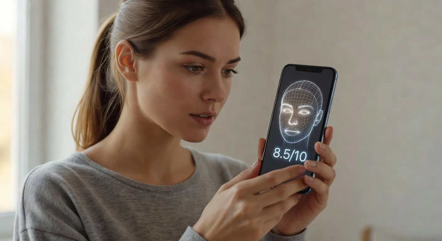 A smartphone displaying a facial scanning grid over a woman's selfie