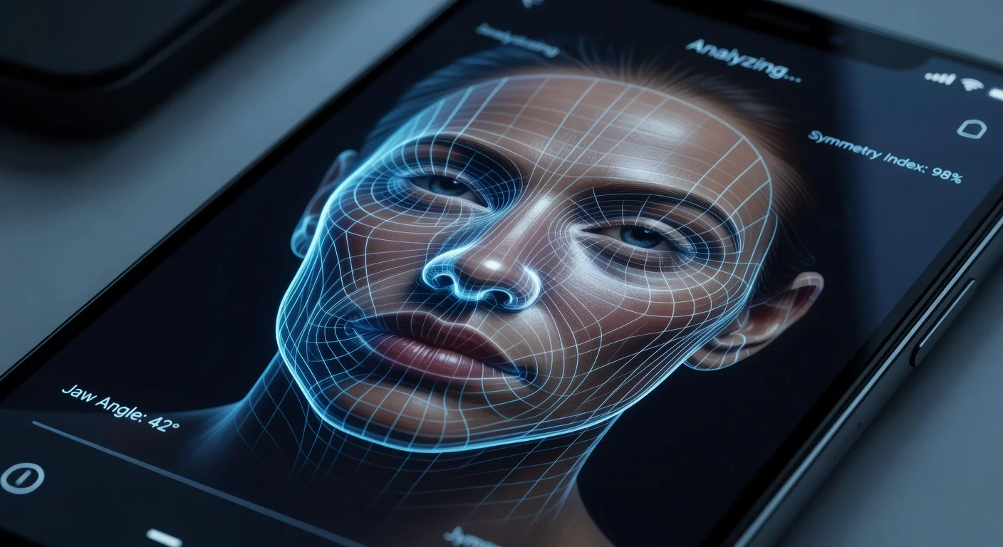 A split screen showing a standard selfie on the left and a 3D geometric facial landmark map on the right