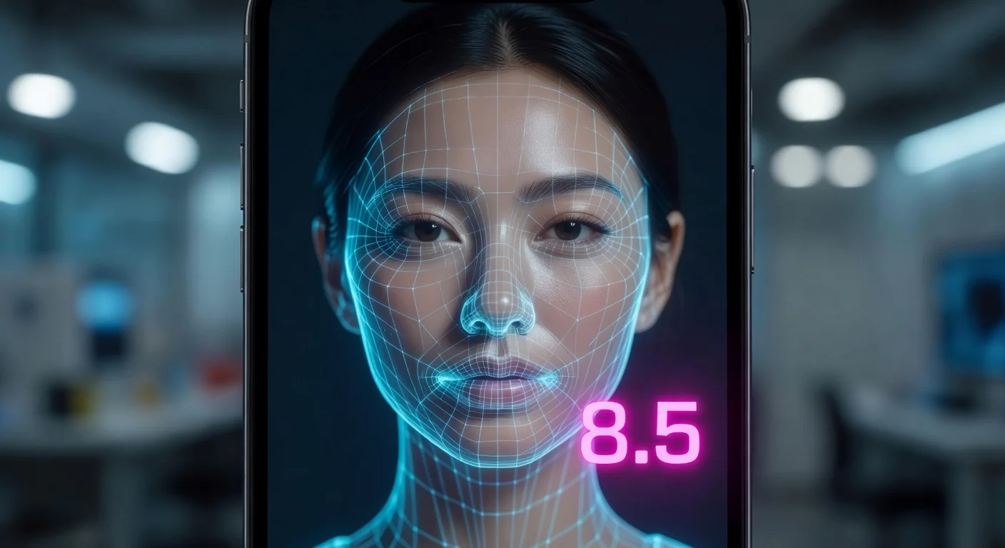 An AI app scanning a woman's face and delivering a numerical attractiveness rating on the screen.