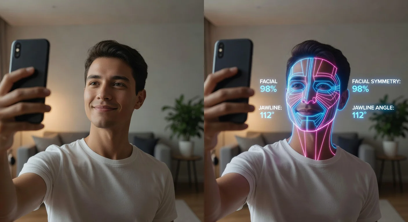 A split screen showing a person taking a selfie on a smartphone with AI graphic overlays mapping facial symmetry.