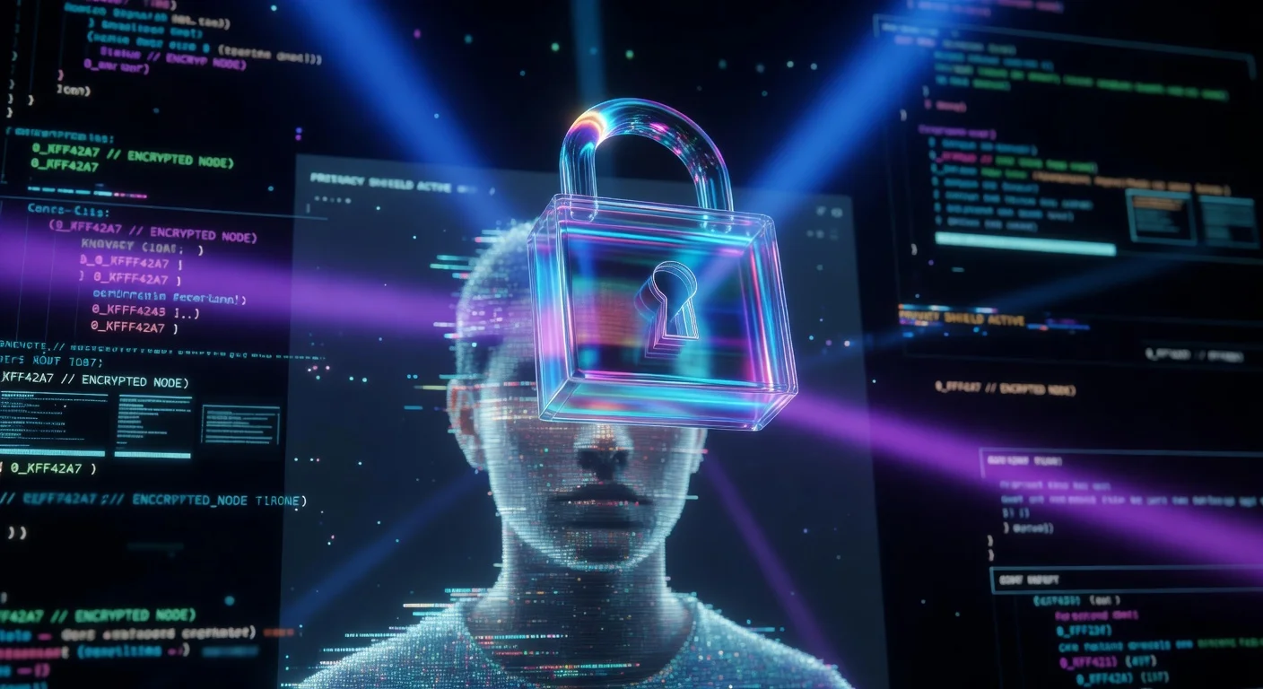 A holographic padlock symbolizing biometric privacy and data security for facial recognition apps.