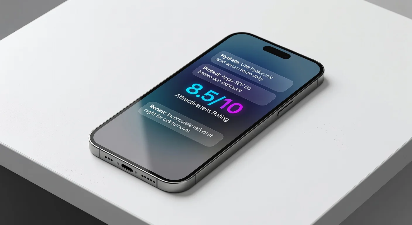 A mobile app interface displaying an AI beauty score and actionable glow up advice based on facial scanning.