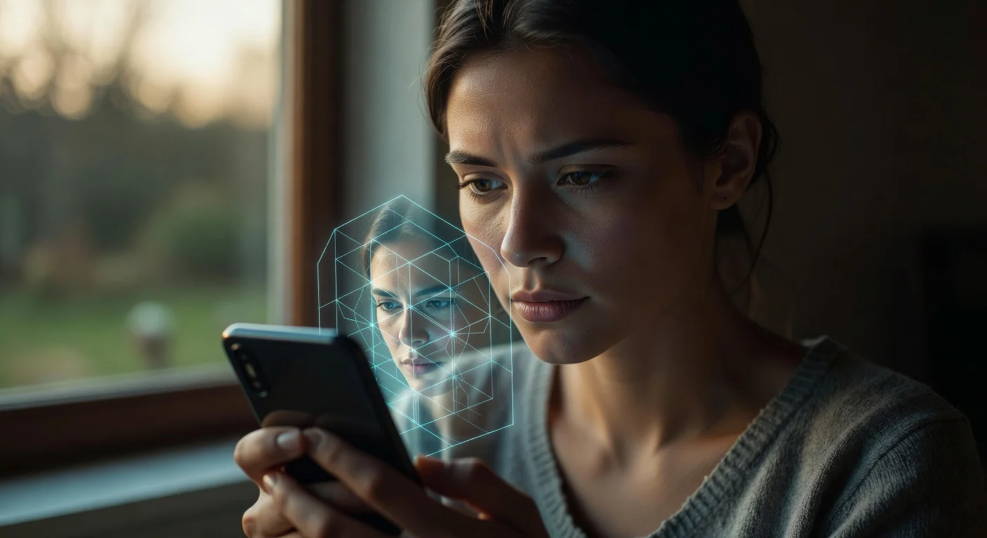 A woman looking at her smartphone while a glowing geometric grid maps over her face to calculate an AI beauty score.