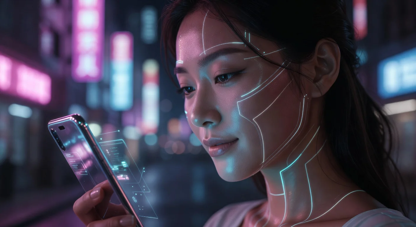 A woman holding a smartphone displaying an AI facial analysis scan with symmetry lines.