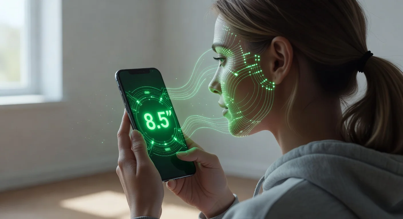 Woman looking at her glowing 10/10 AI face rating on her smartphone in a neon-lit room.