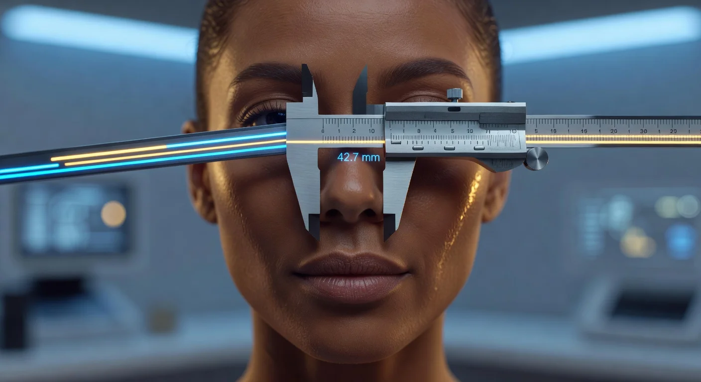 Digital wireframe overlay on a woman's face analyzing geometric proportions and symmetry