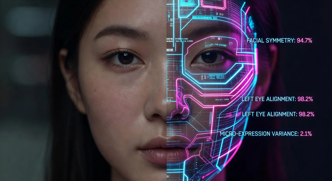 A woman scanning her face with a smartphone to get an attractive level test score