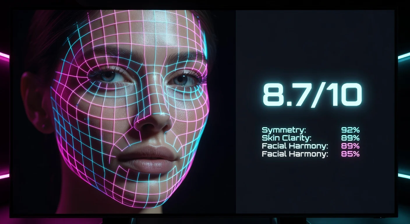 A woman looking at an AI facial scanning screen showing symmetry lines and an attractiveness score.