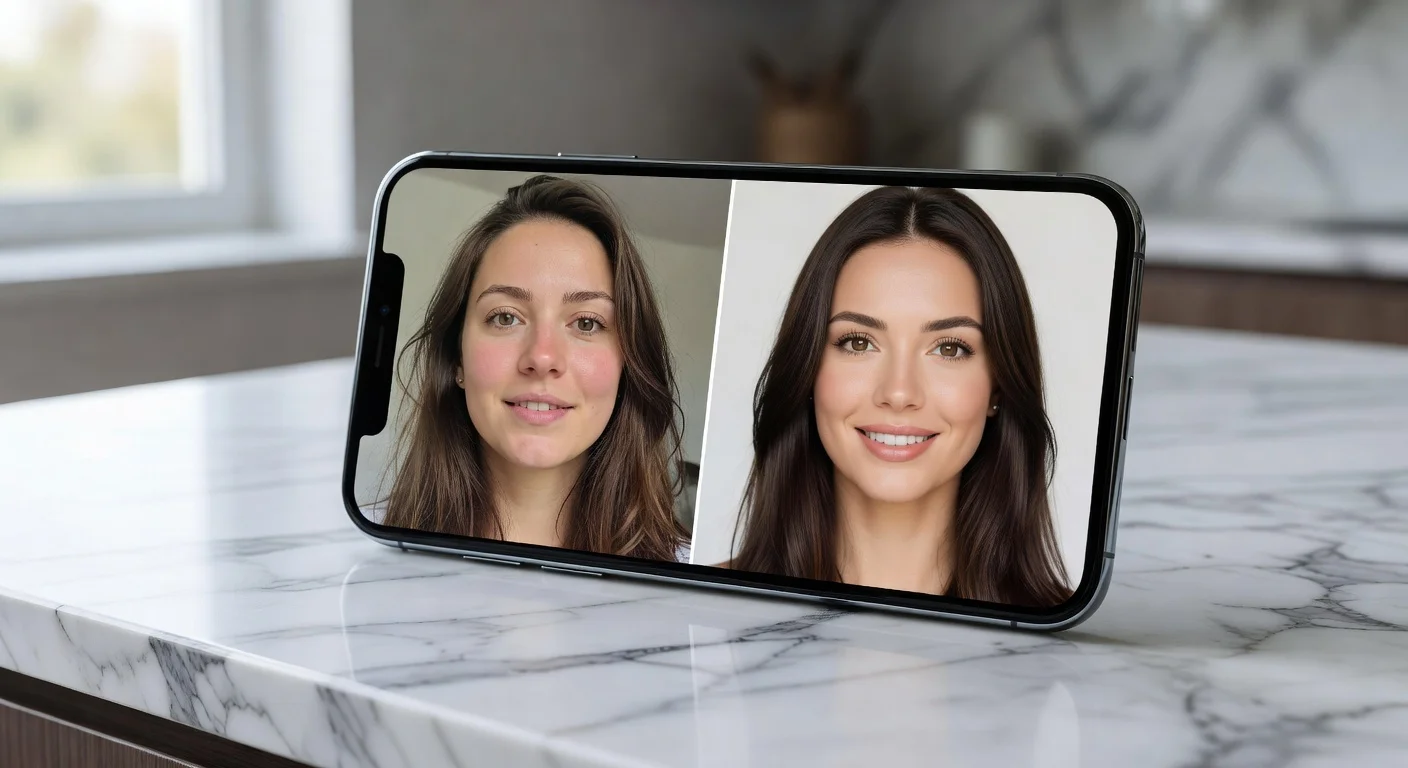 Smartphone screen showing an AI-generated female beauty enhancement.