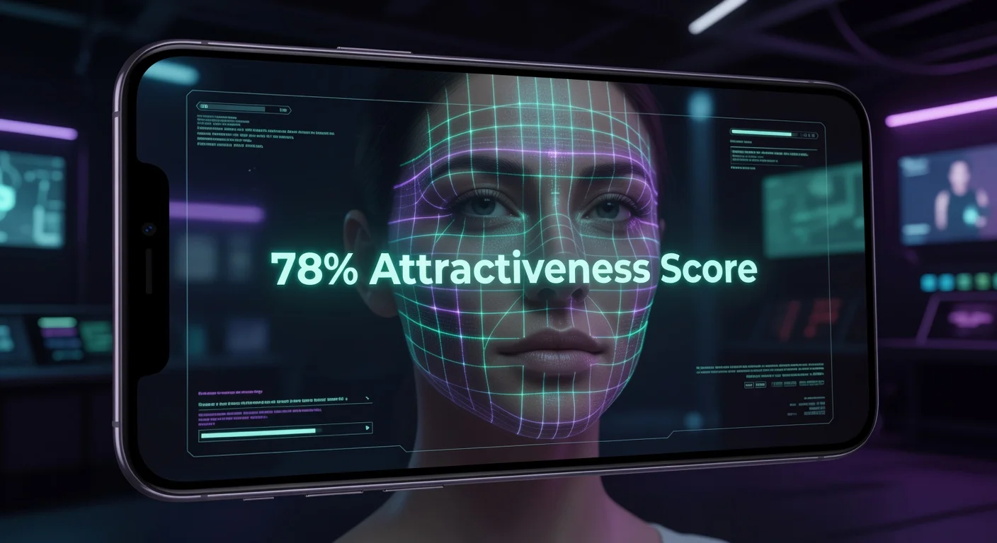 A split screen showing a raw selfie on the left and a wireframe facial geometry analysis on the right with a score of 8.5.