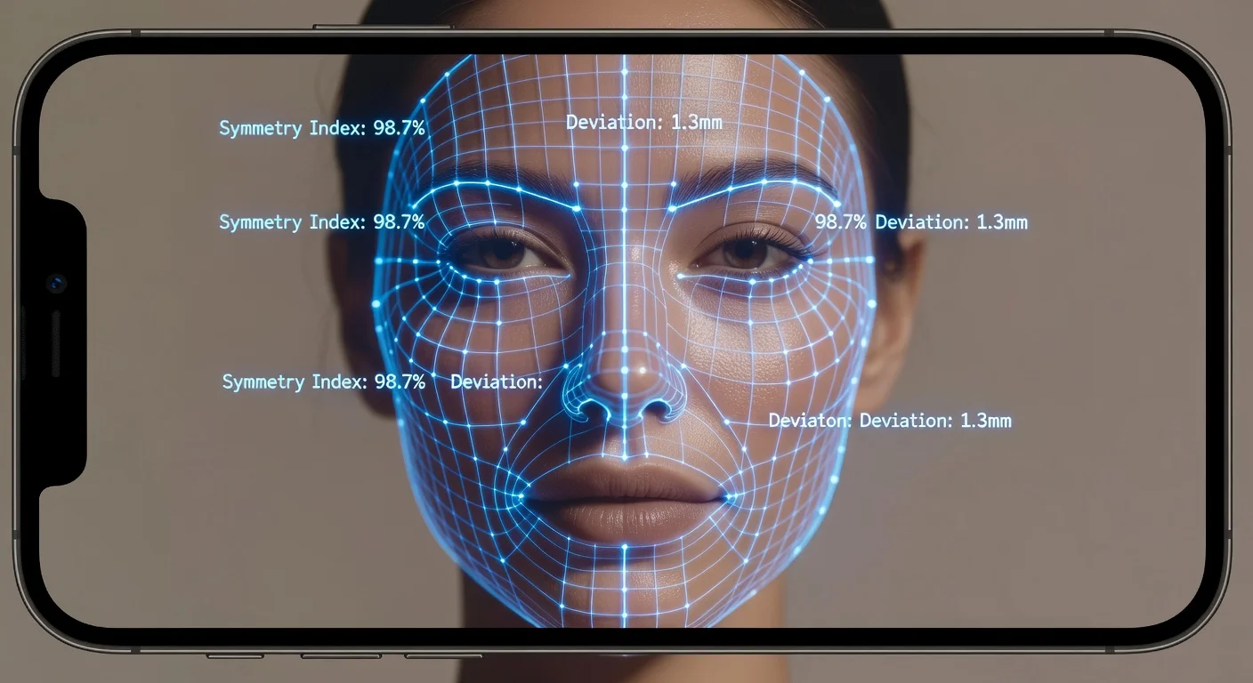 Smartphone screen showing AI facial scanning grid on a woman's face with symmetry lines