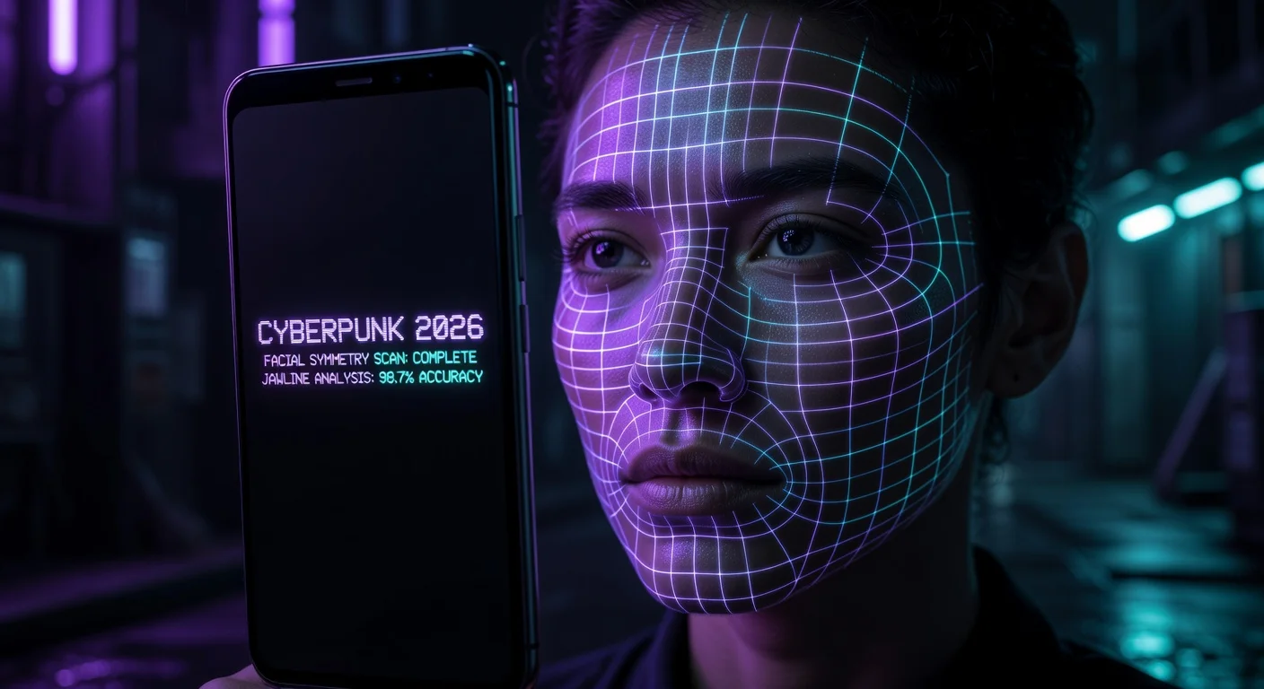 A smartphone screen displaying a facial scan analysis with golden ratio lines overlaying a woman's face.