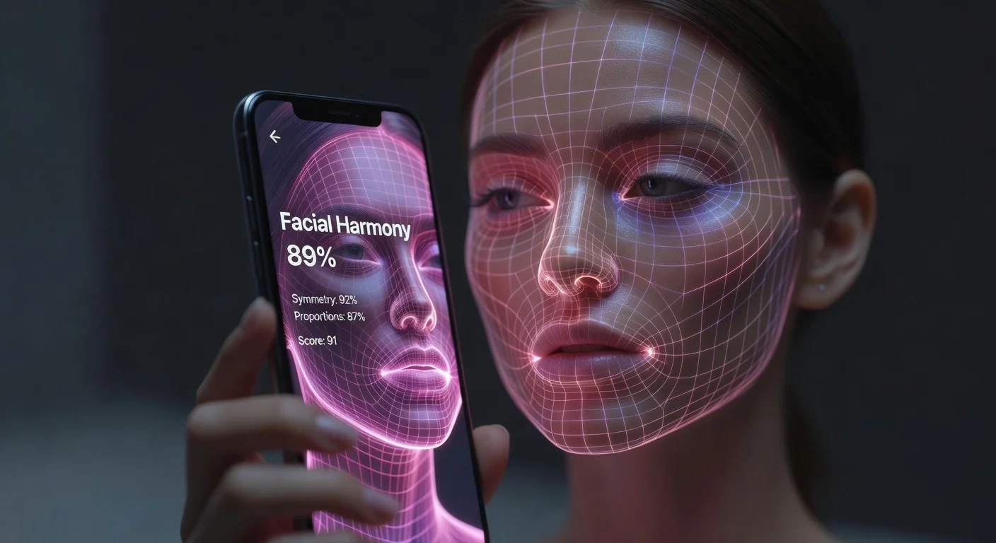 A glowing smartphone screen displaying a 3D facial grid analysis with attractiveness metrics over a woman's portrait