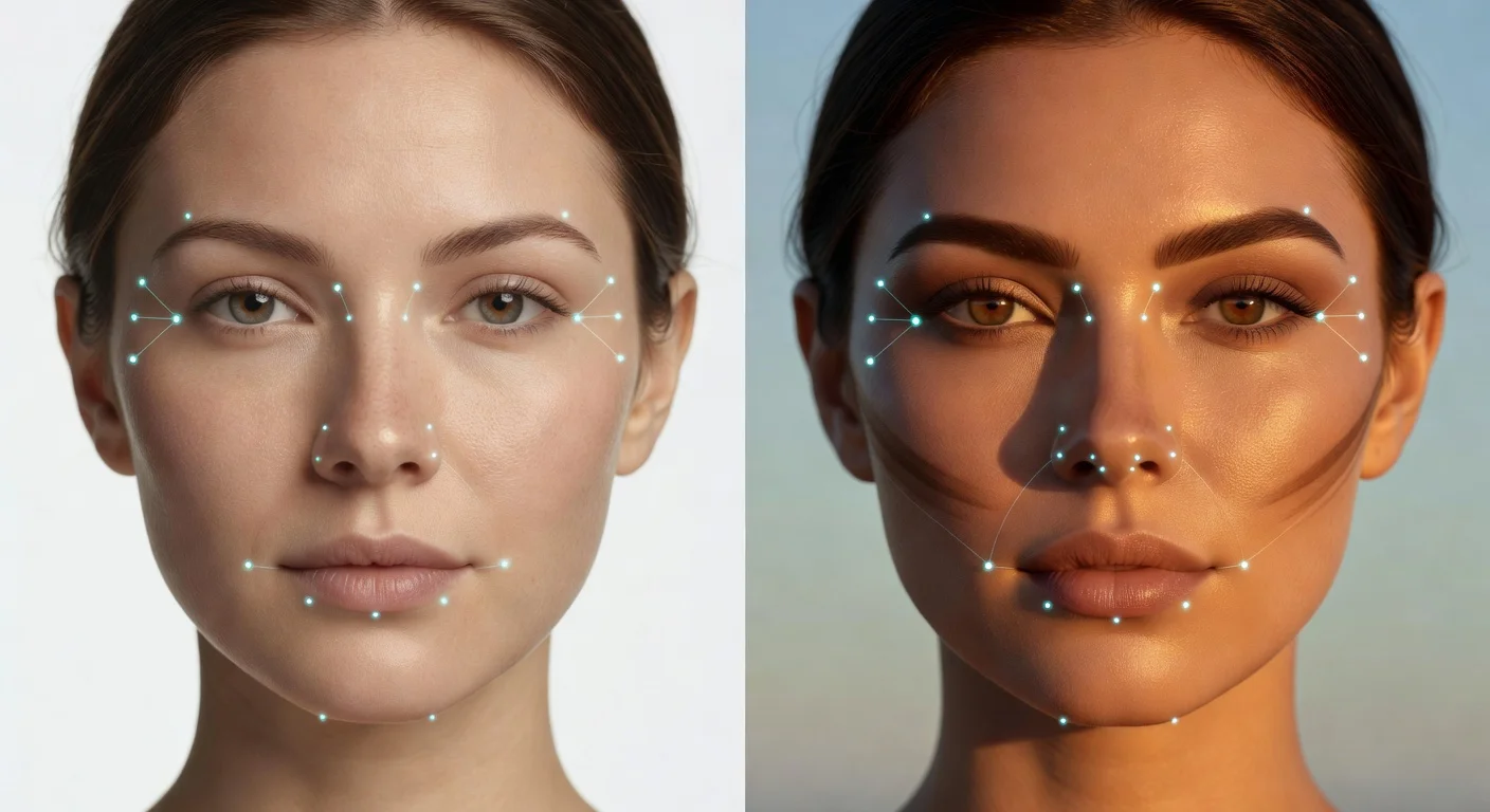 Side-by-side comparison of how lighting and makeup alter facial scanning algorithms.