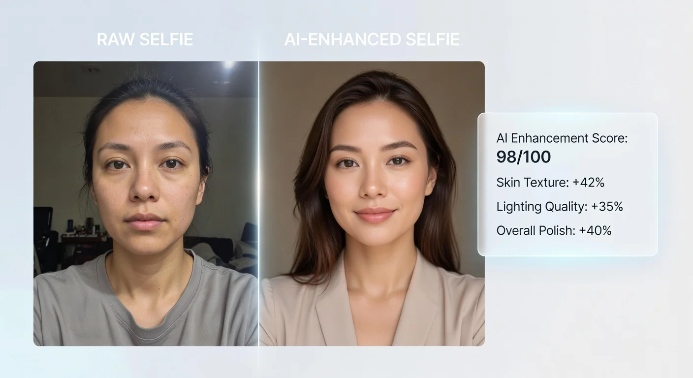 Comparison of a raw selfie versus an AI-analyzed glow up result.