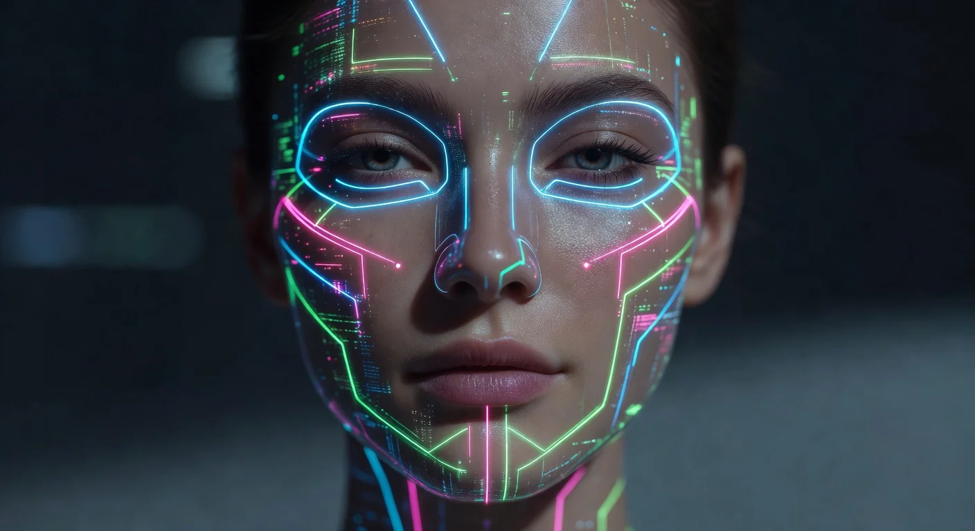 A smartphone screen displaying a facial analysis scan with geometric lines mapping features.