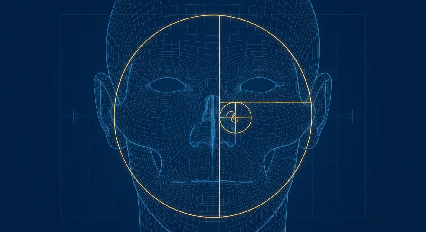 The Golden Ratio 1.618 overlaid on a human face for attractiveness testing.