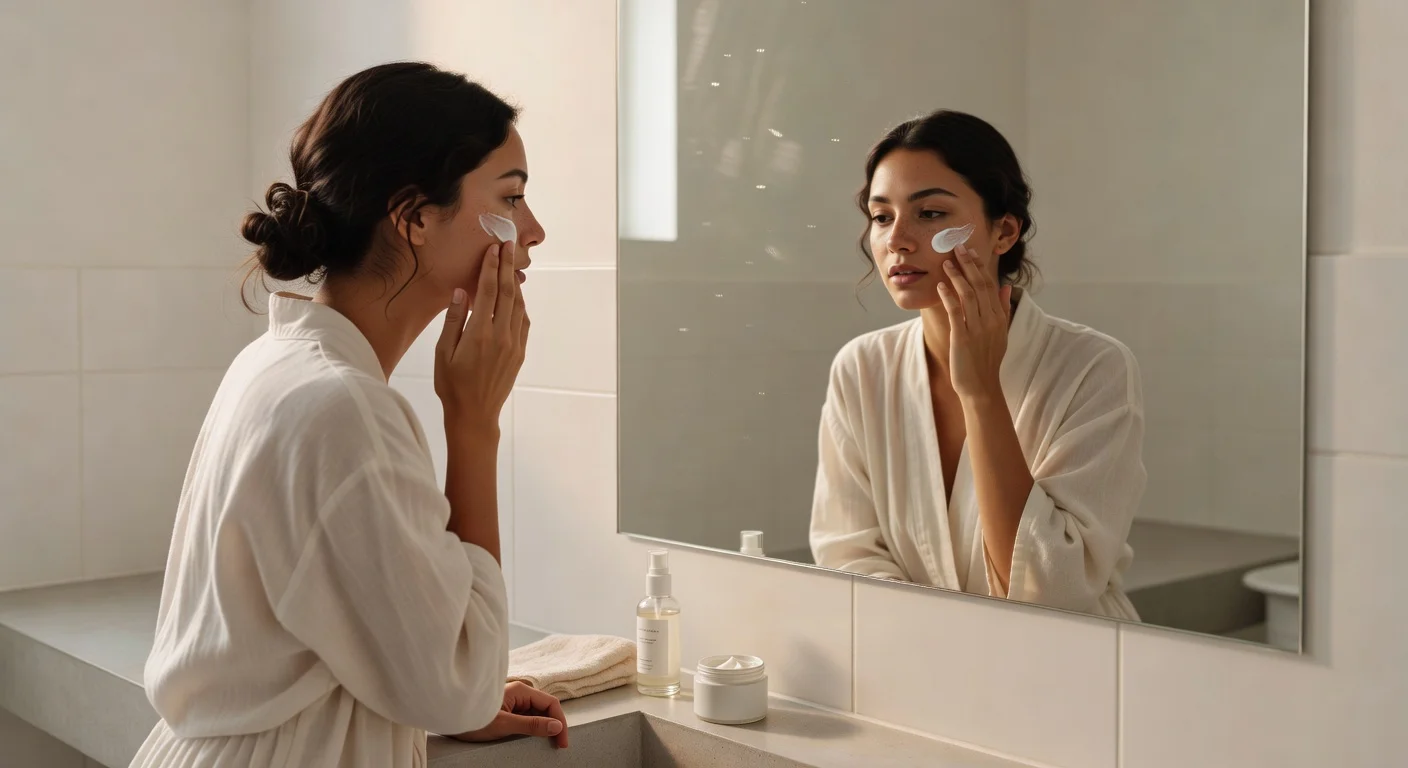 Woman applying skincare to improve facial texture and attractiveness score.