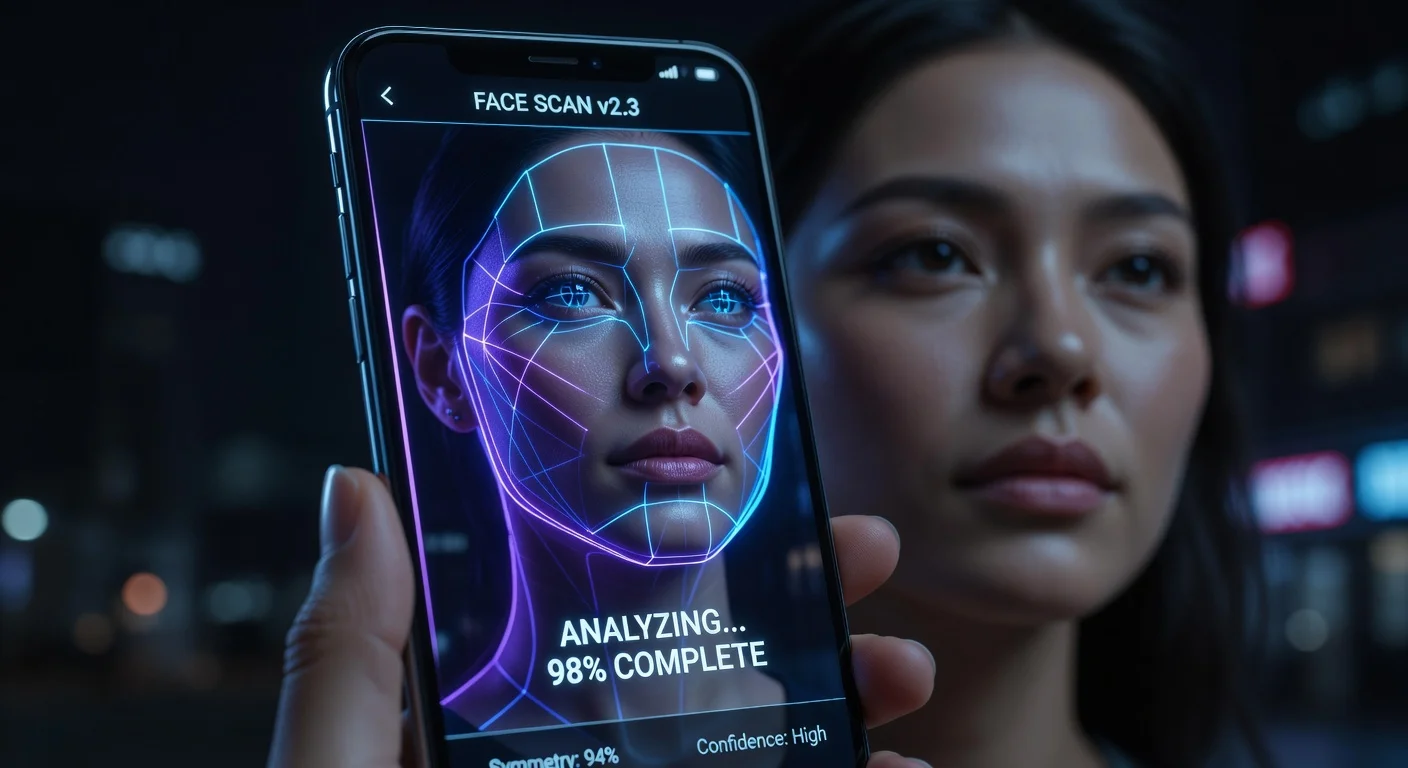 A person scanning their face with a smartphone glowing with an AI attractiveness score.