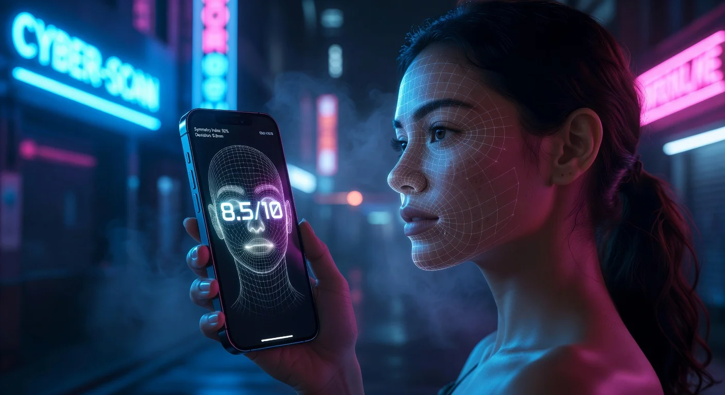 A person looking at a smartphone displaying a glowing AI face symmetry grid.