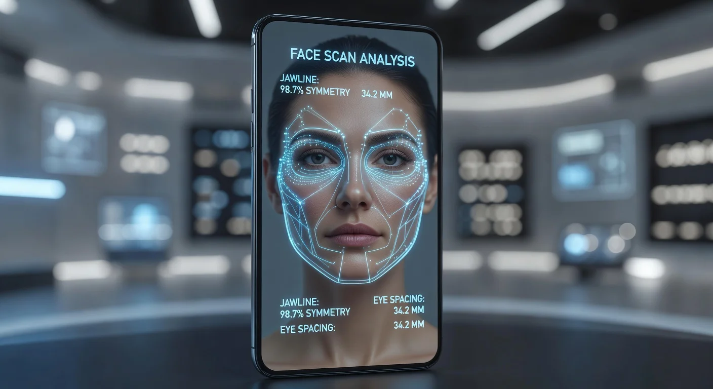 A split screen showing a raw selfie on the left and an AI-analyzed version with golden ratio vectors on the right.