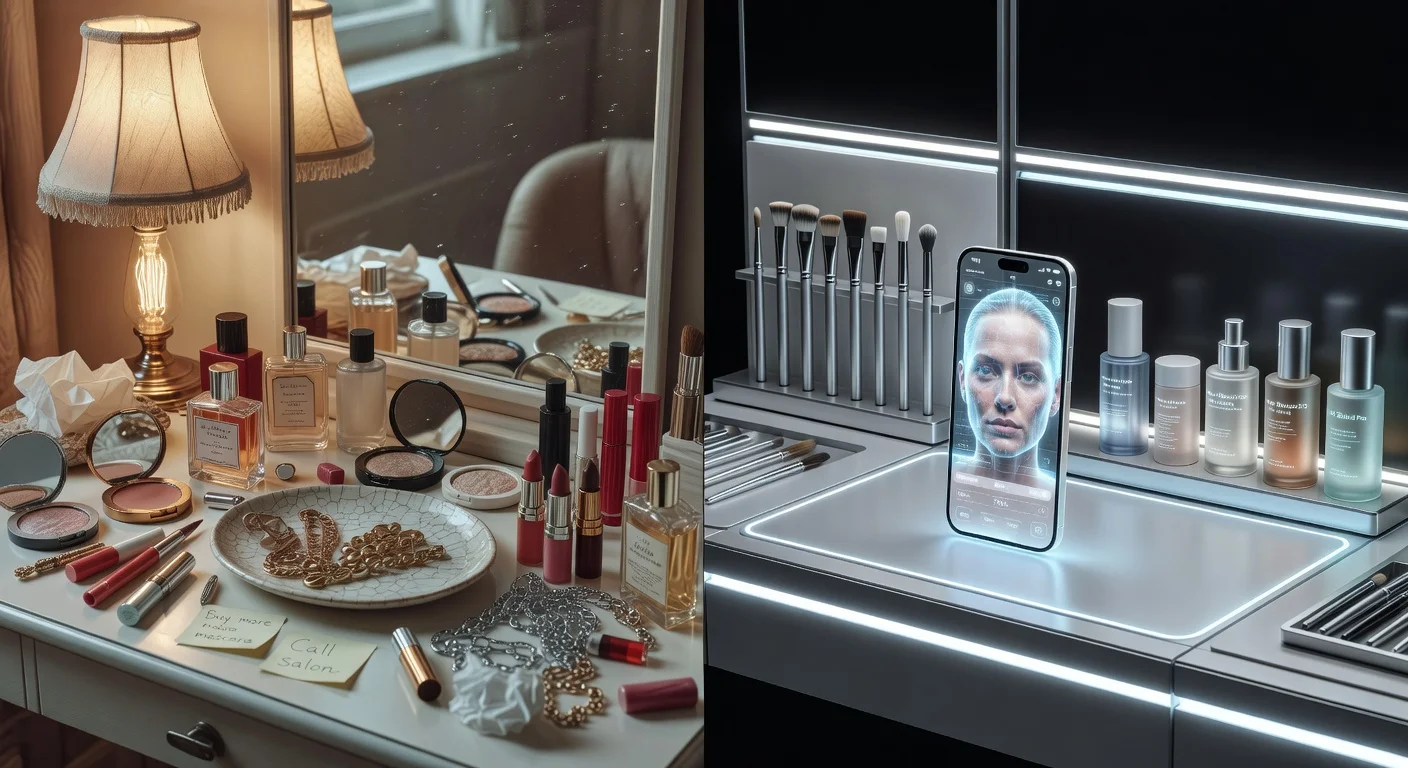 A woman looking confidently into a mirror while adjusting her makeup and styling.