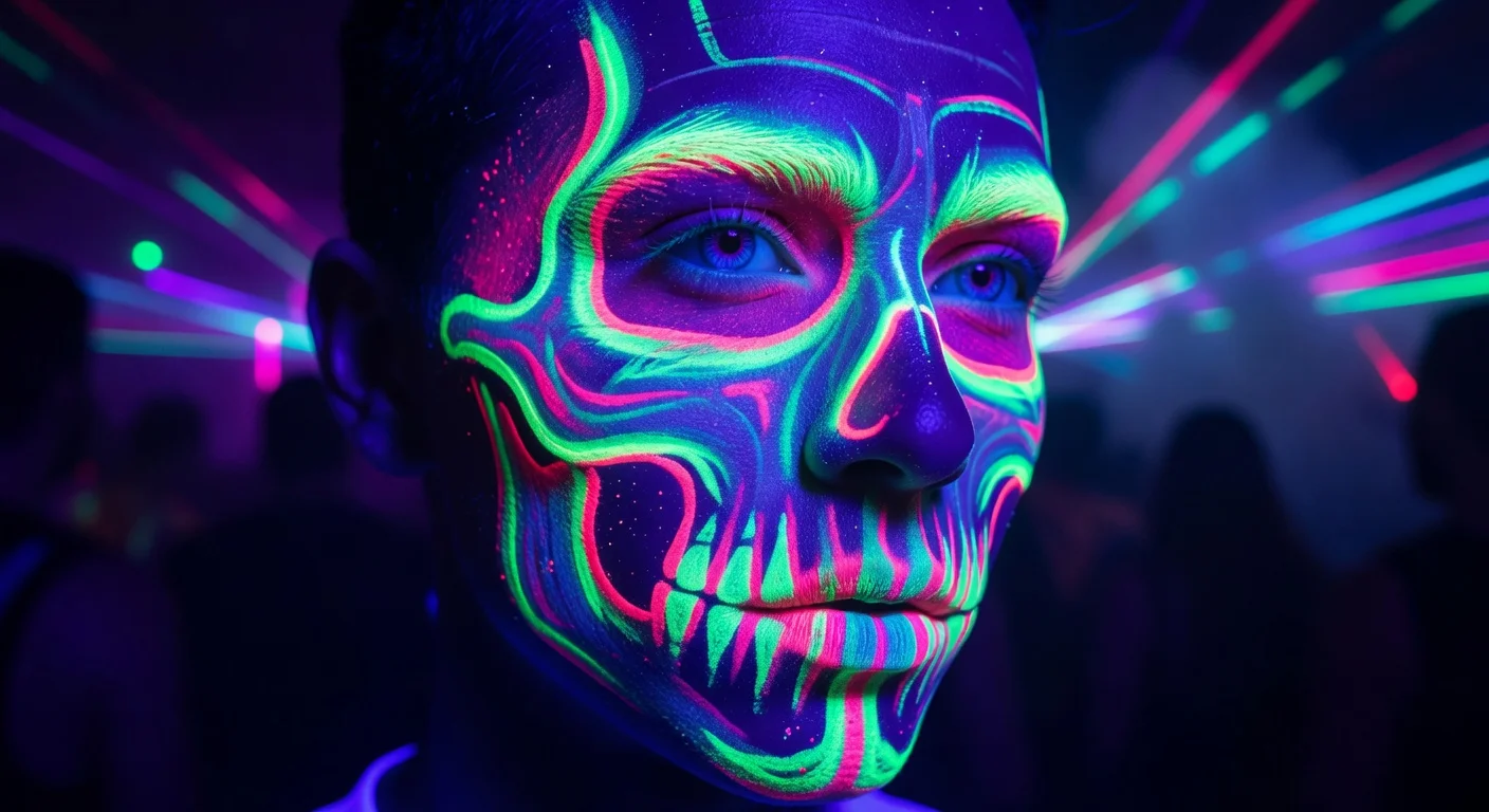 Neon glow in the dark skeleton face paint illuminated by blacklights at a party.
