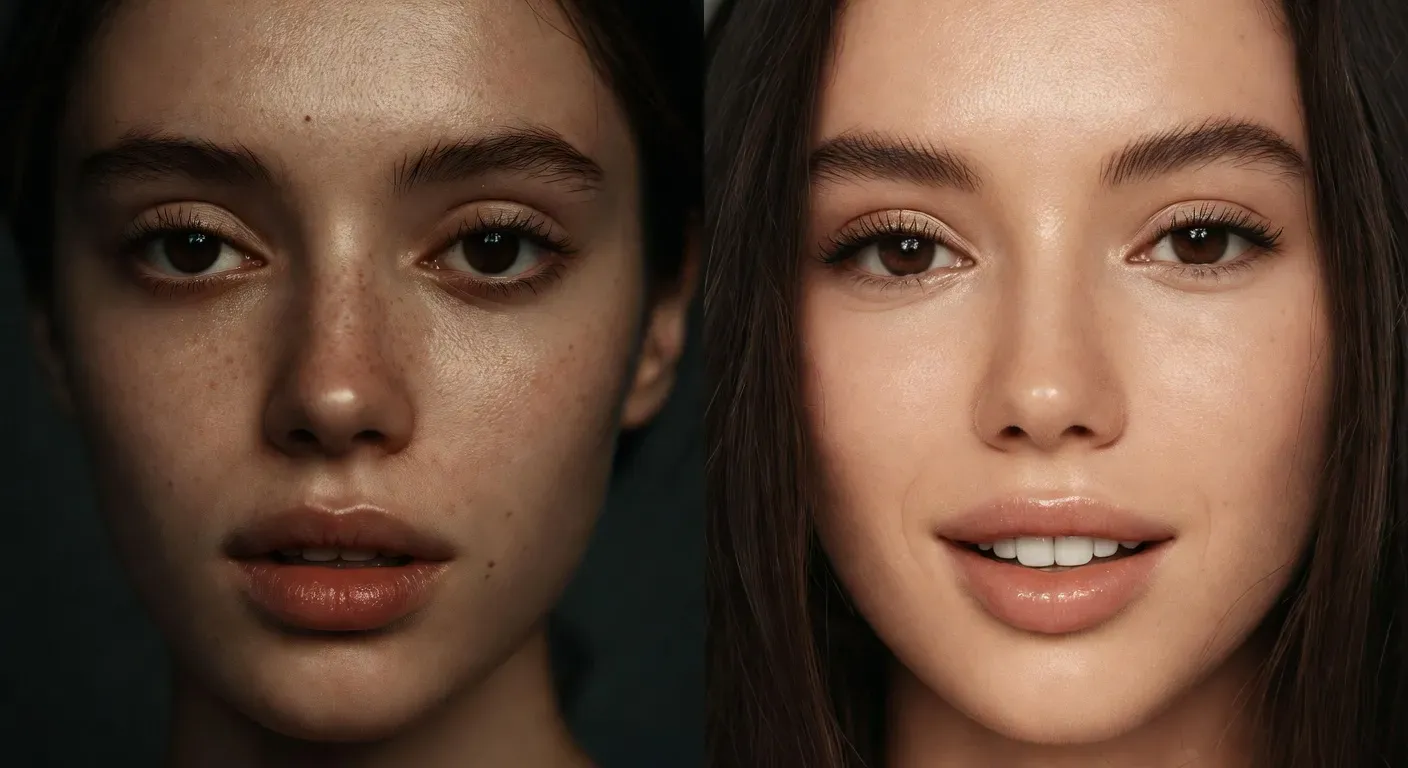 A split screen comparison showing a before and after glow up transformation with AI analysis overlays