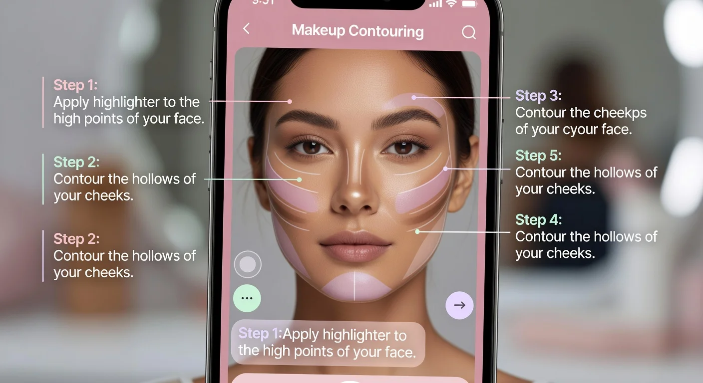 A digital makeup guide provided by a facial analysis application outlining contour areas.