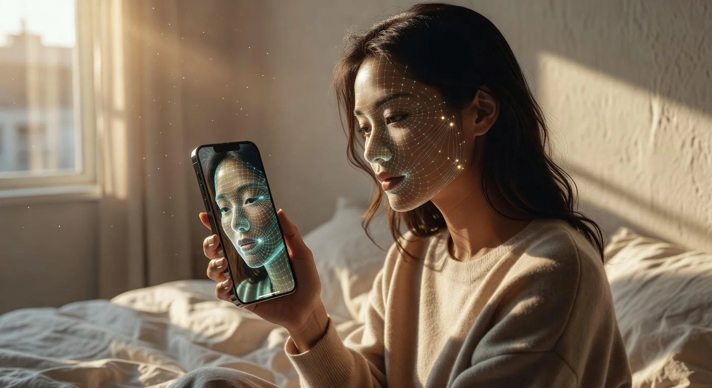 A woman looking at a facial analysis grid on a smartphone showing beauty scores and glow up tips