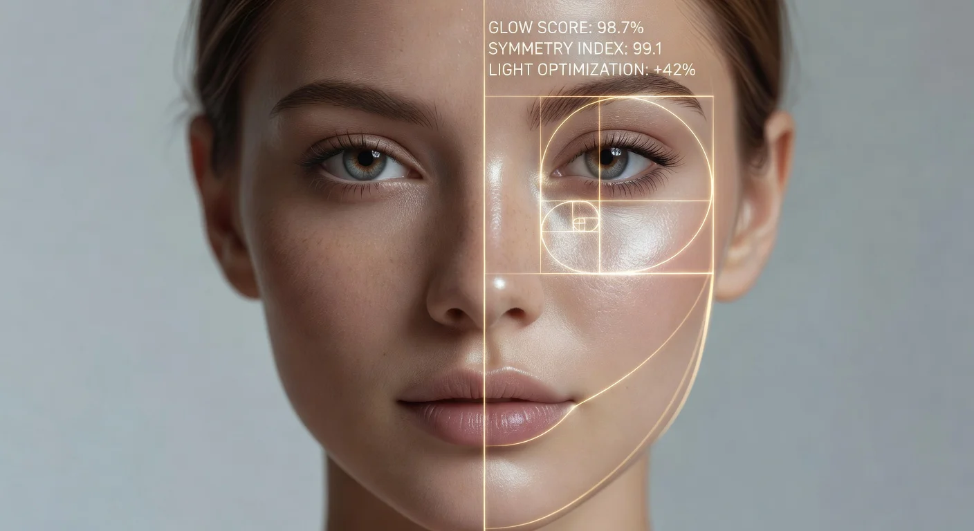 A woman analyzing her facial features in a mirror with holographic AI overlay showing symmetry lines and beauty scores