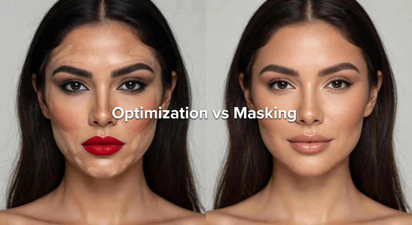 Comparison of heavy makeup vs strategic glow up cosmetics.