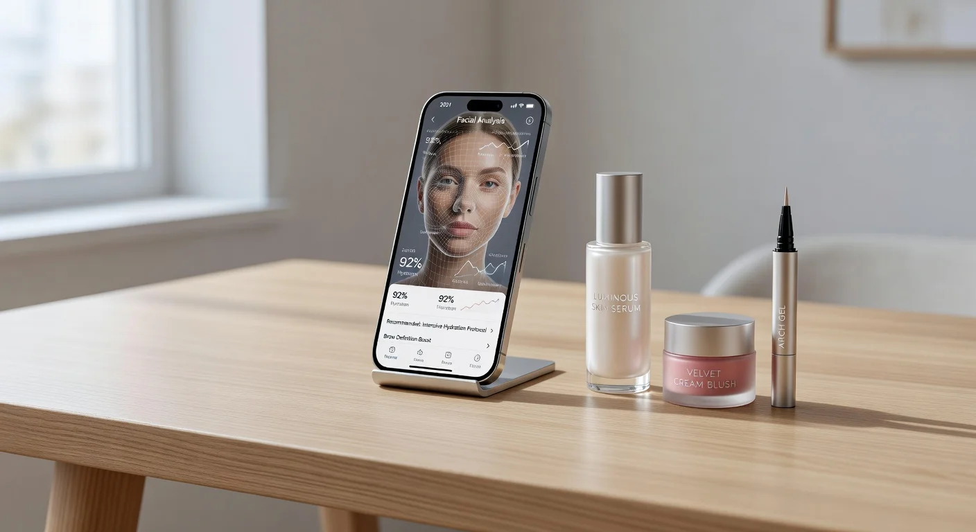 A flat lay of minimalist glow up cosmetics including liquid blush and skin tints on a marble surface