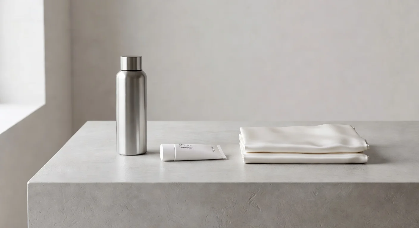 Essential daily aesthetic habits including hydration, sun protection, and silk pillowcases.