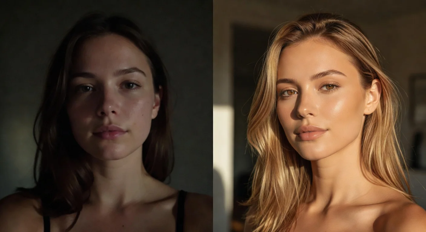 A side-by-side aesthetic photo showing natural skin progression and feature enhancement styling.