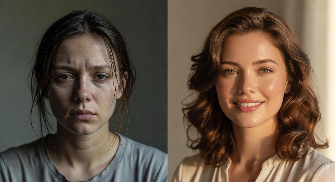 Split screen showing a dull complexion transforming into a radiant appearance over 14 days