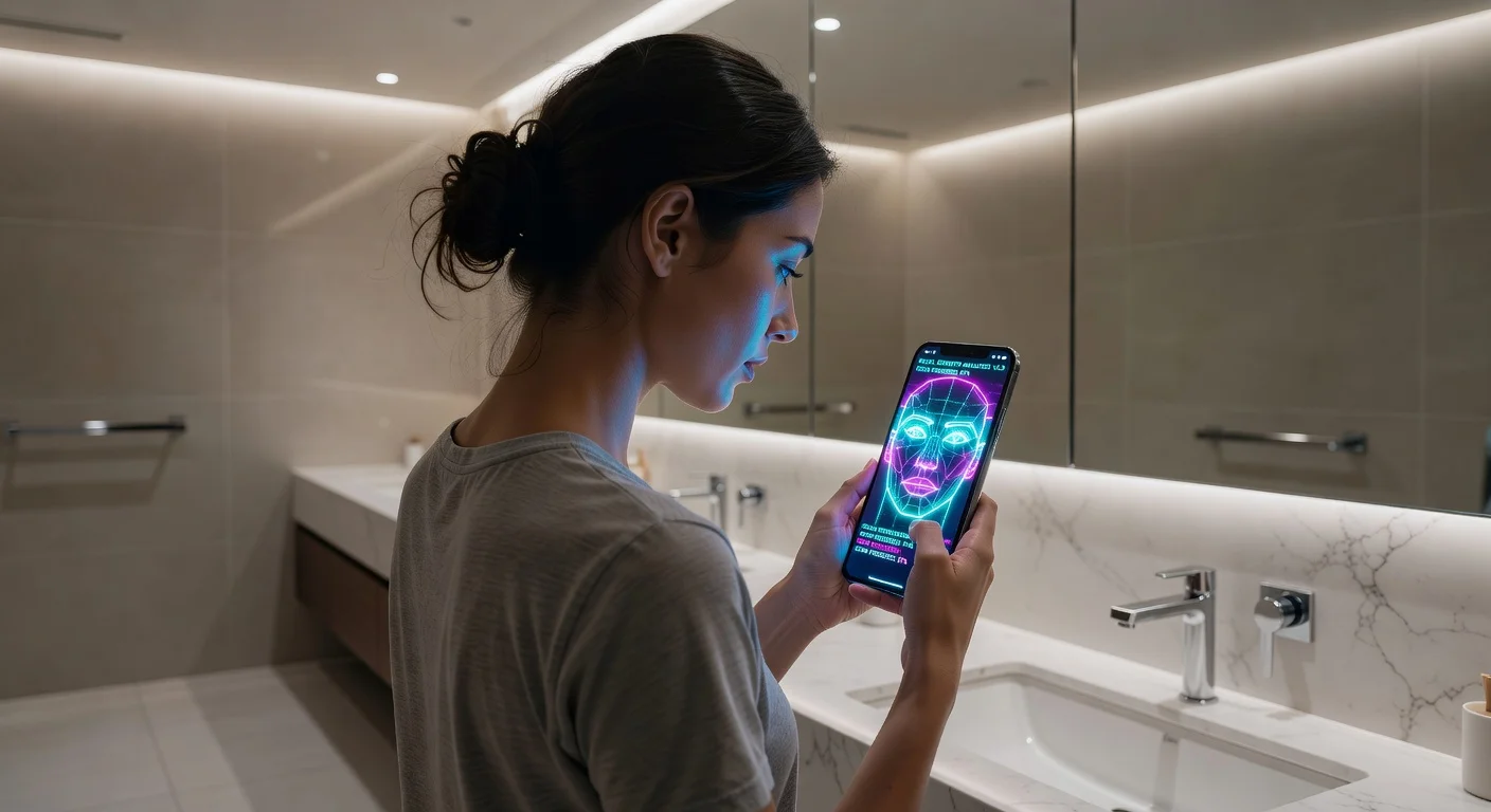 Woman looking in a modern lighted mirror analyzing her facial features on a smartphone app