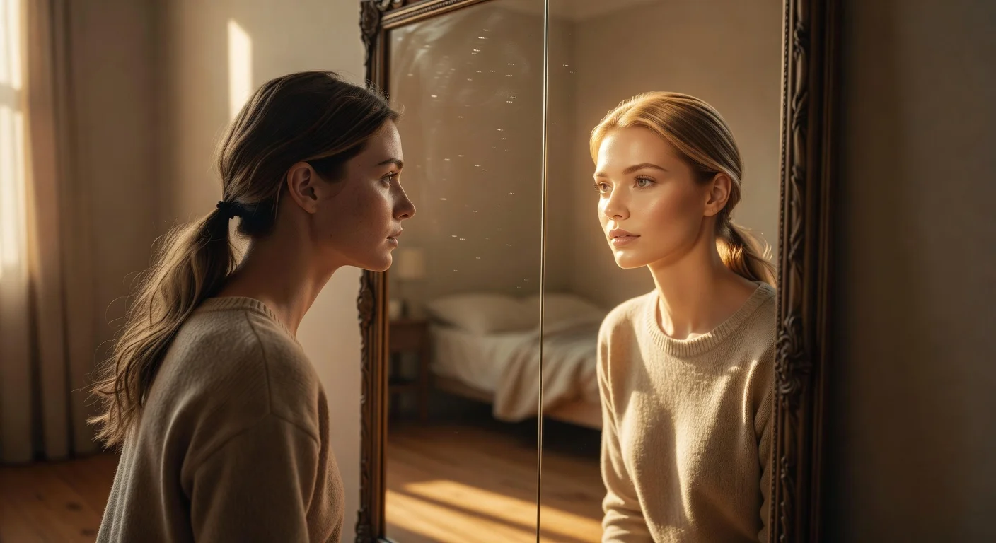 A split screen comparison showing a woman before and after a glow up makeover with soft lighting