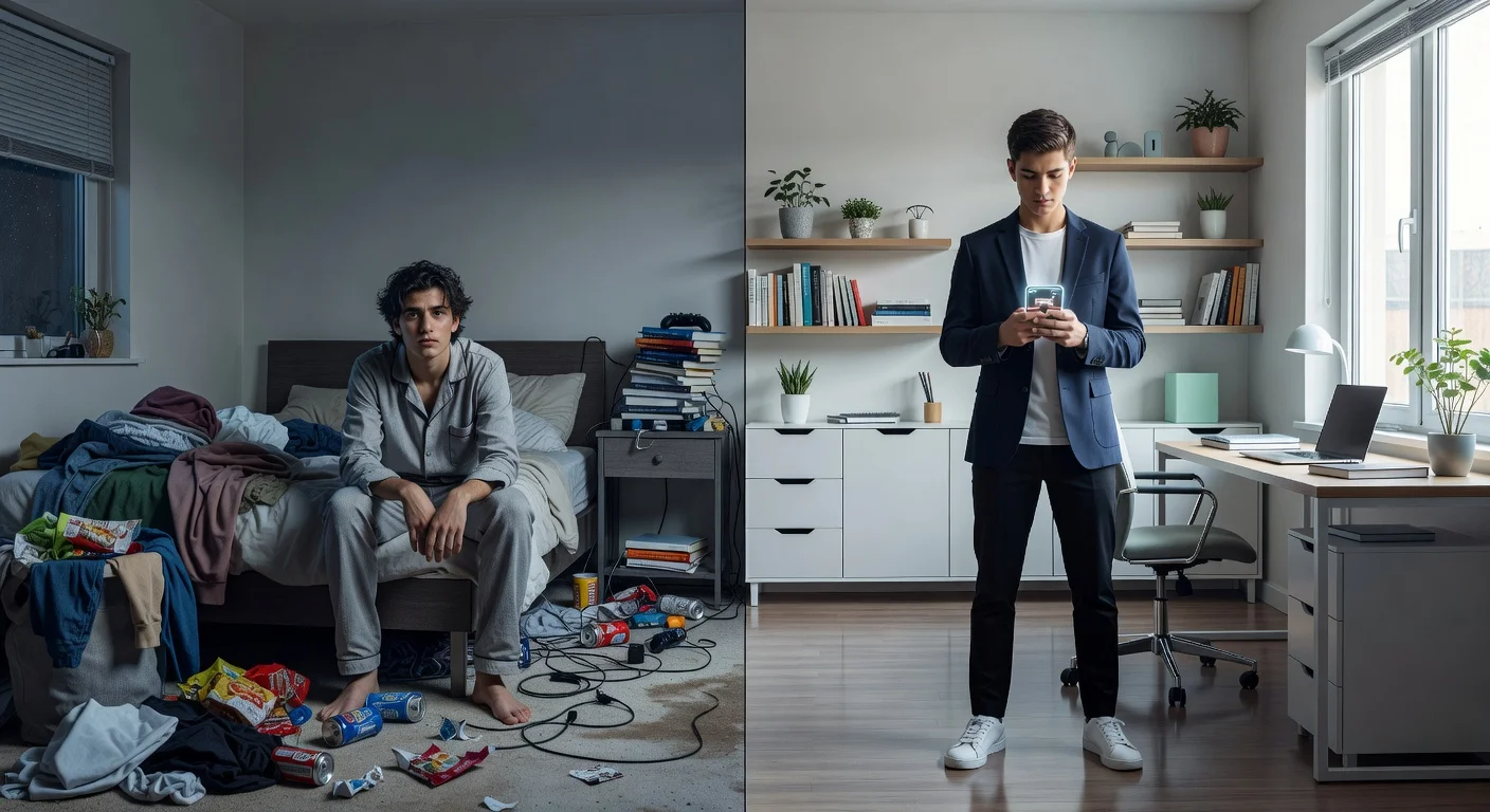 Teenager looking confident in a mirror with skincare products and wardrobe options in background