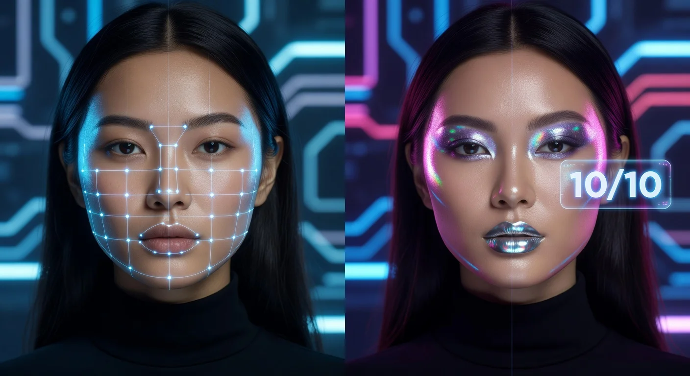 A split screen showing a woman before and after a digital AI makeup glow up analysis