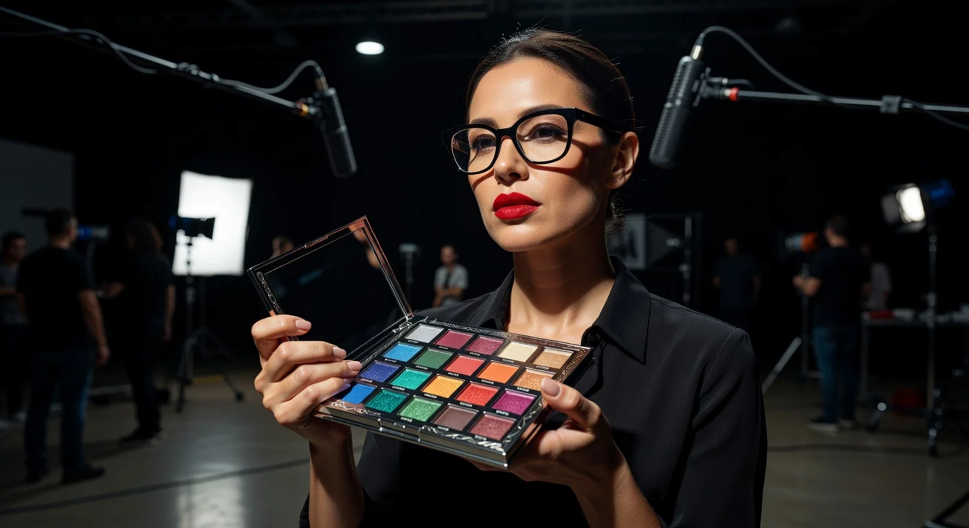 Professional makeup artist Val Garland wearing red lipstick while judging artists on a television set
